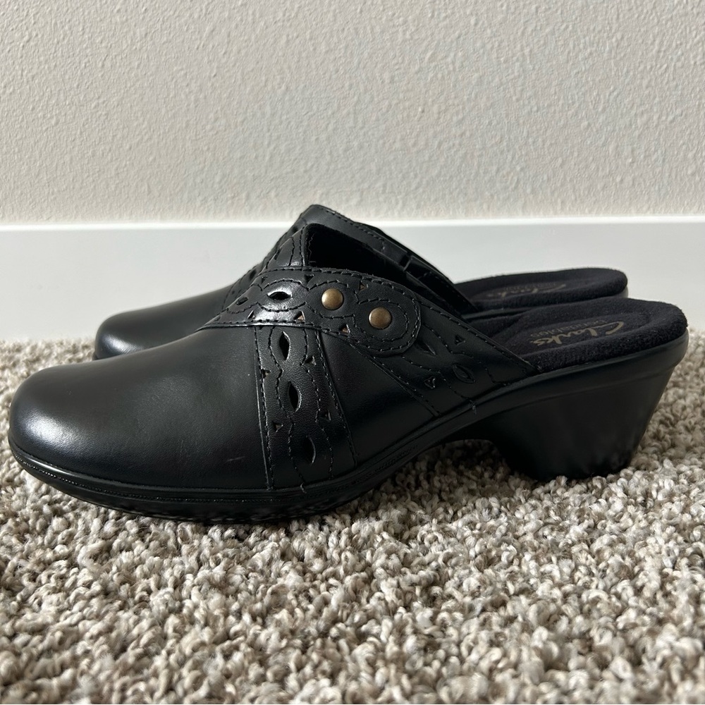 Clarks Black Leather Mules